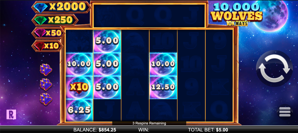 10,000 Wolves 10k Ways bonus respins more scatters land